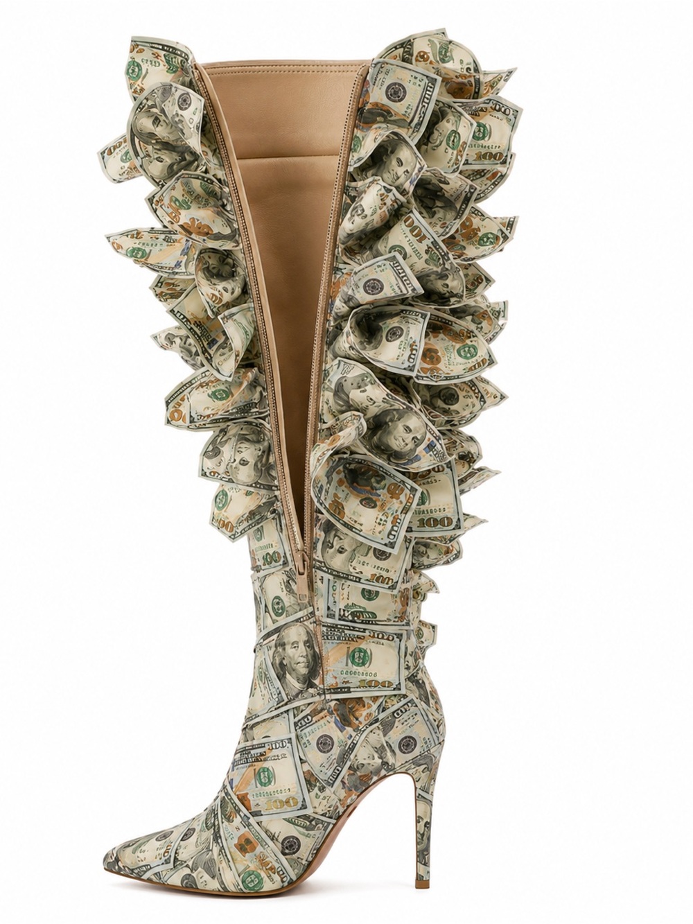Money-Print Over-the-Knee Ruffle Stiletto Boot in Beige